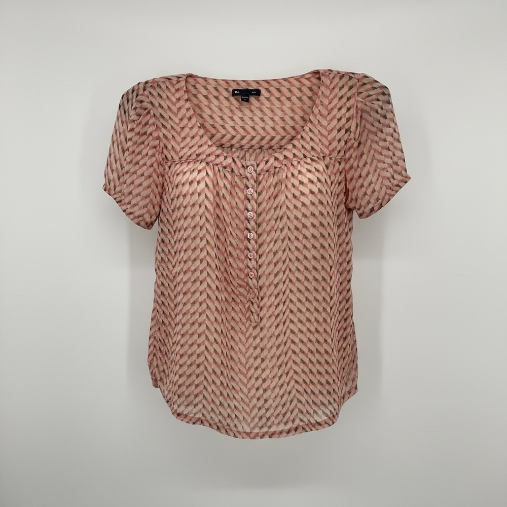Gap Blouse Women‎ Small Pink Brown Chevron Short Sleeve Button Front Scoop Neck